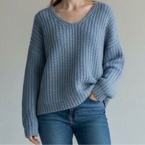 Rebecca Minkoff “Dorit” Soft Blue Ribbed V-Neck Sweater | Chunky Cozy Chic